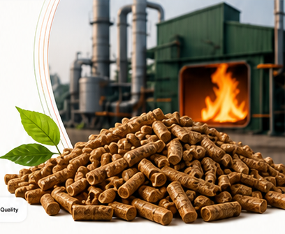 Biomass pellets near industrial furnace